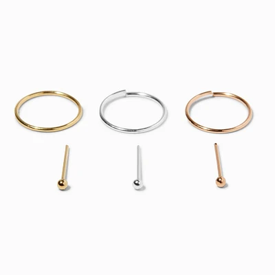 Sterling Silver Mixed Metal 22G Nose Studs & Hoops - 6 Pack