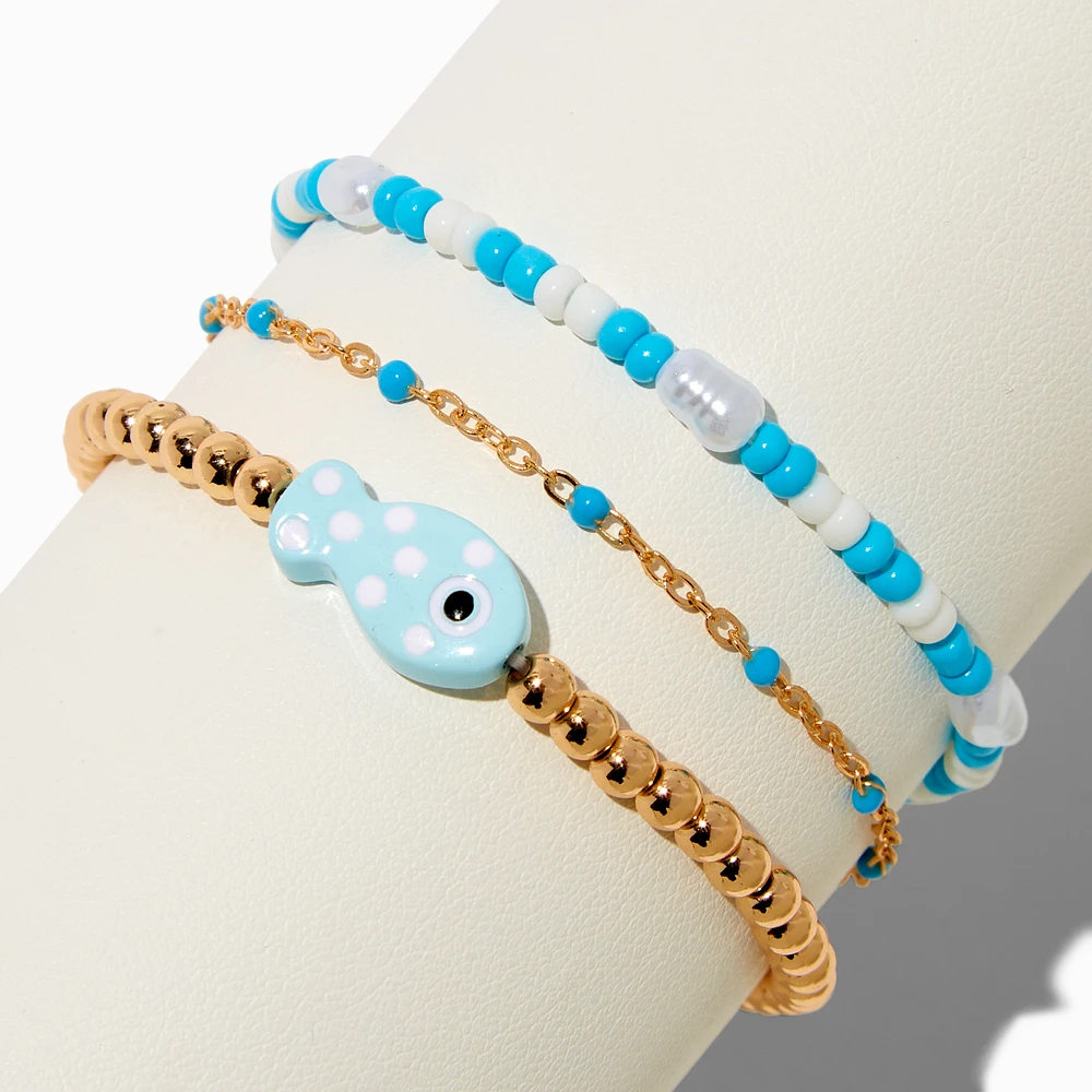 Blue Fish Beaded & Adjustable Bracelet Set - 3 Pack
