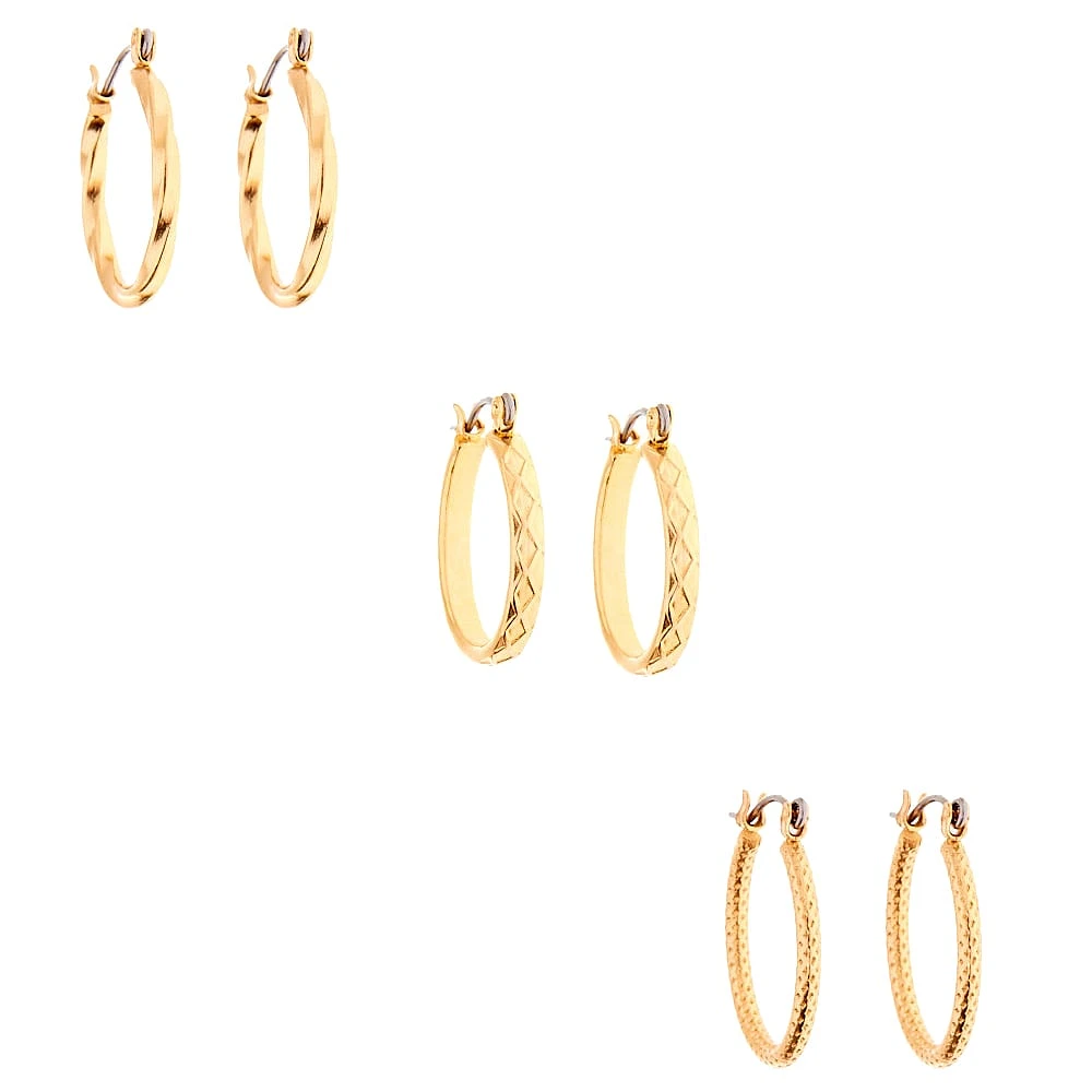 Gold-tone Thick Textured 20mm Hoop Earrings - 3 Pack