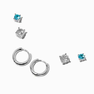 Silver-tone Aqua Cubic Zirconia Earring Stackables Set - 3 Pack