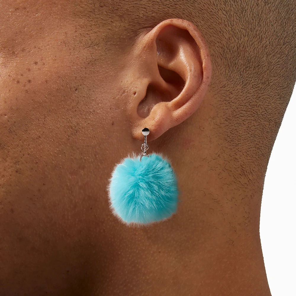 Teal Pom Pom 1.5" Clip-On Drop Earrings