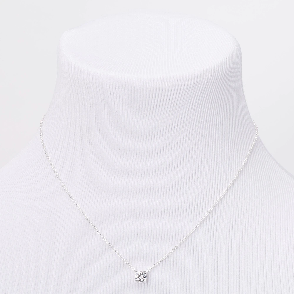 Silver-tone Cubic Zirconia 6mm Pendant Necklace