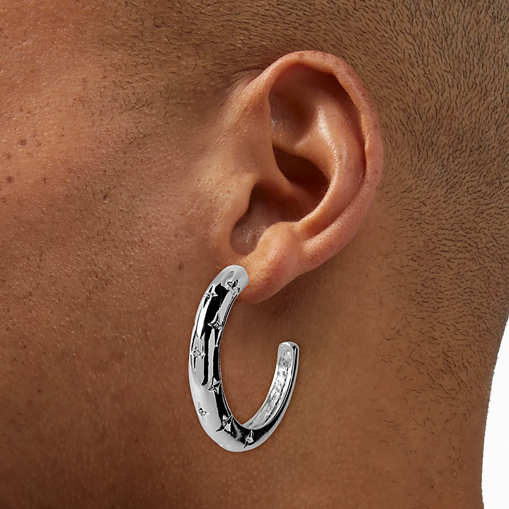 Silver-tone Star Stamped 50mm Hoop Earrings