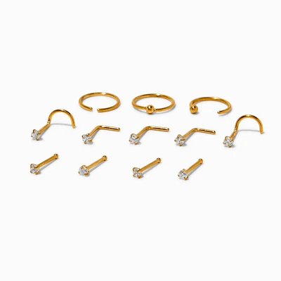 20G Gold-tone Stainless Steel Cubic Zirconia Nose Studs & Hoop - 12 Pack