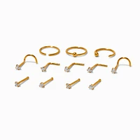 20G Gold-tone Stainless Steel Cubic Zirconia Nose Studs & Hoop - 12 Pack