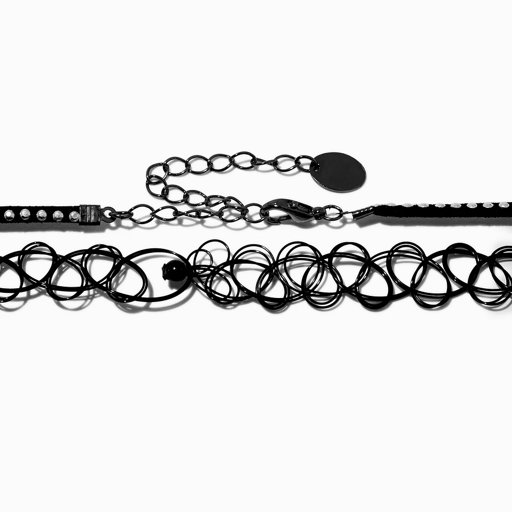 Black Ribbon & Tattoo Cross Dangle Choker Necklaces - 2 Pack