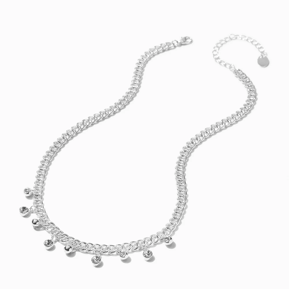 Silver-tone Bezel Crystal Drop Curb Chain Necklace 
