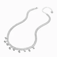 Silver-tone Bezel Crystal Drop Curb Chain Necklace 