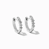 Silver-tone Cubic Zirconia Three-Stone 10mm Huggie Hoop Earrings