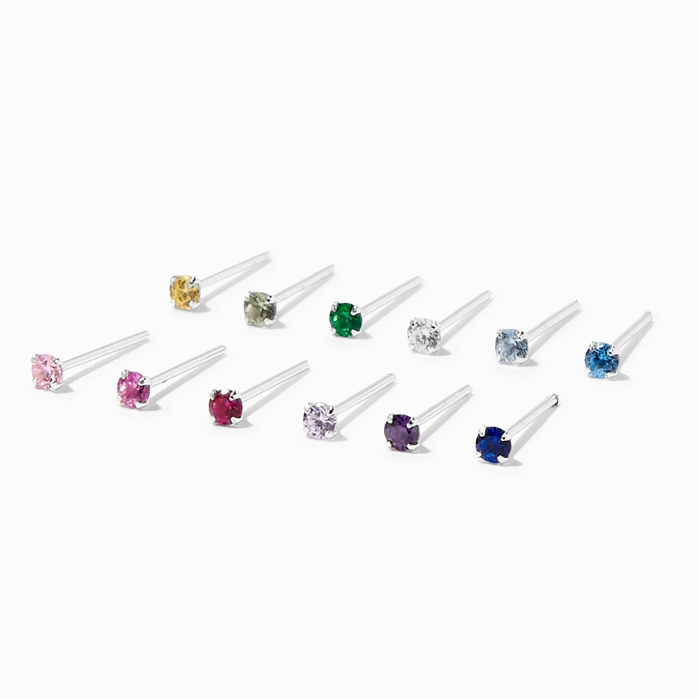 22G Sterling Silver Rainbow Crystal Nose Studs - 12 Pack