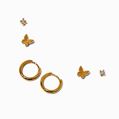 C LUXE by Claire's 18k Yellow Gold Plated Cubic Zirconia Studs, Butterflies, & Hoop Earrings - 3 Pack