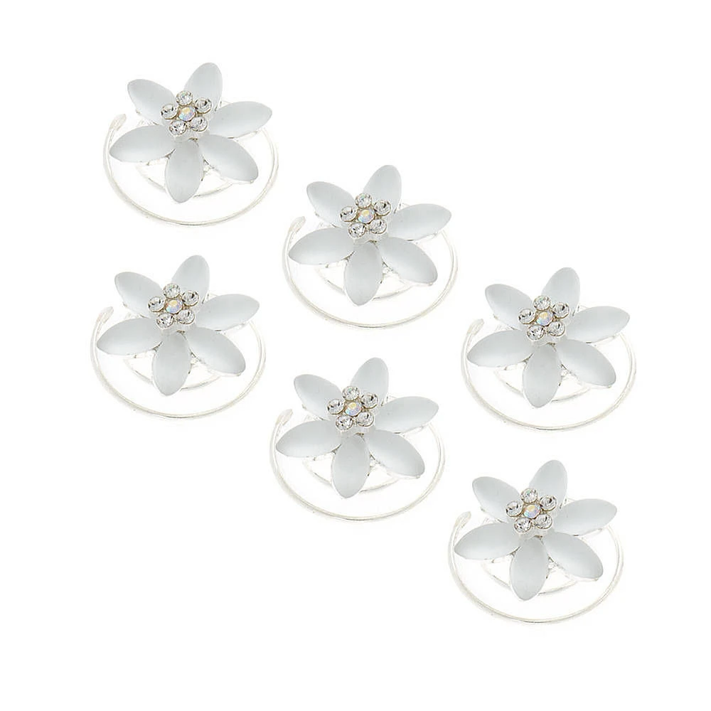 White Frosted Flower Hair Spinners - 6 Pack