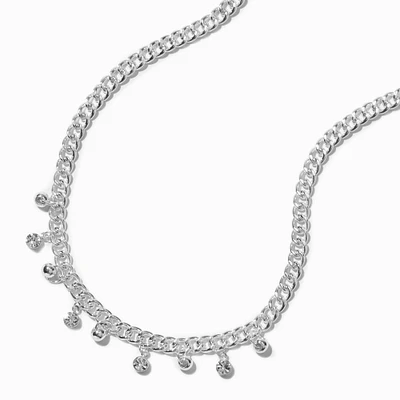 Silver-tone Bezel Crystal Drop Curb Chain Necklace 