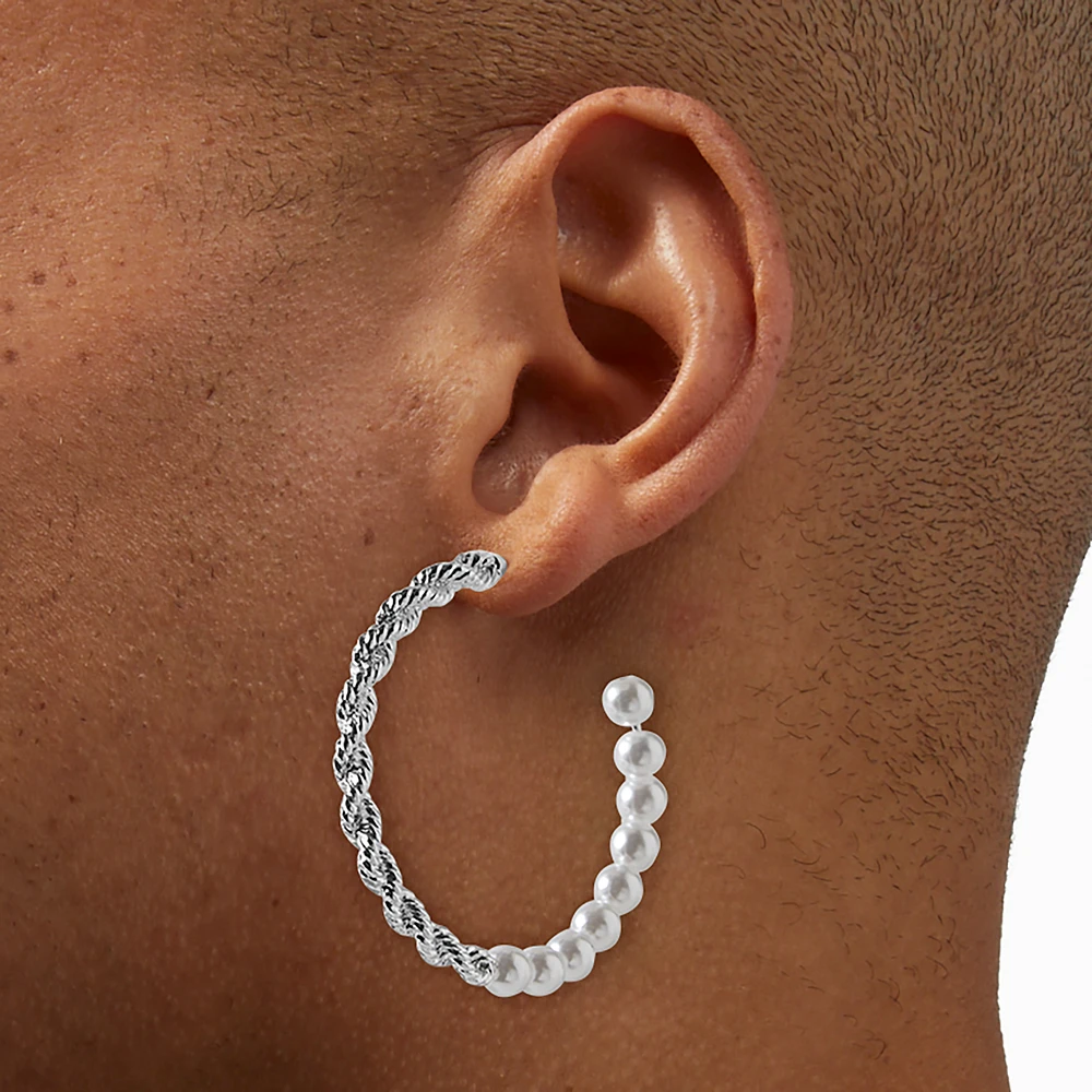 Silver-tone Twisted Pearl 50mm Hoop Earrings