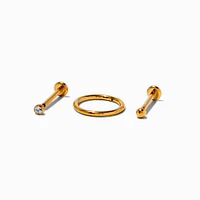 Gold-tone Titanium Cubic Zirconia Threadless 18G Cartilage Earrings - 3 Pack 