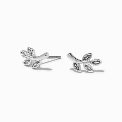 Cubic Zirconia Wispy Leaf Silver-tone Stud Earrings