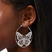 Silver-tone Filigree Butterfly 50mm Hoop Earrings 