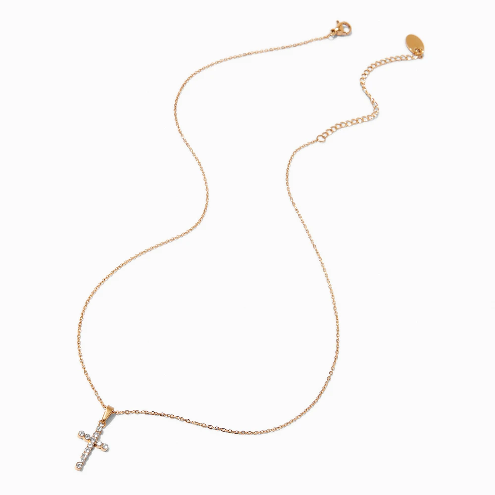 Gold-tone Stainless Steel Pavé Cross Pendant Necklace