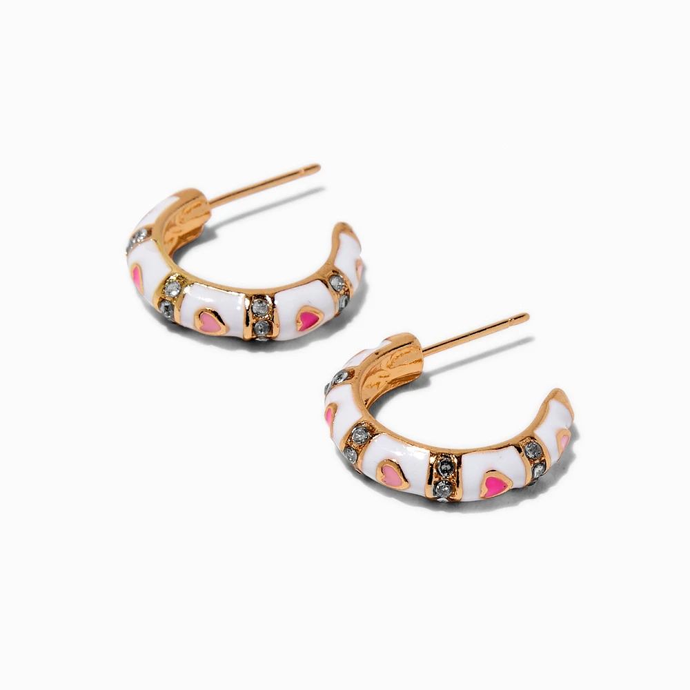 Pink & White Enamel Heart Gold-tone Half Hoop Earrings
