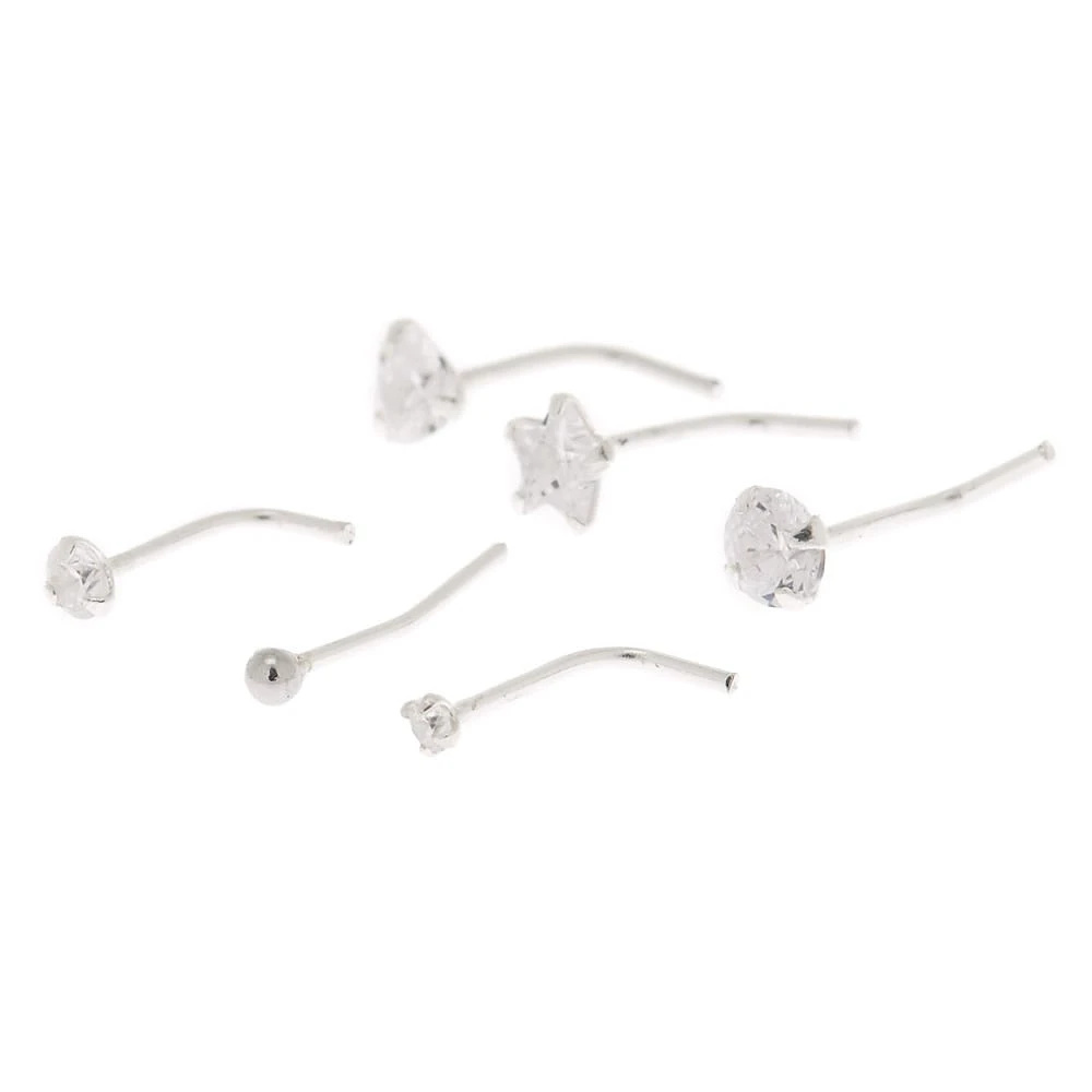 22G Sterling Silver Cubic Zirconia Mixed Nose Studs - 6 Pack
