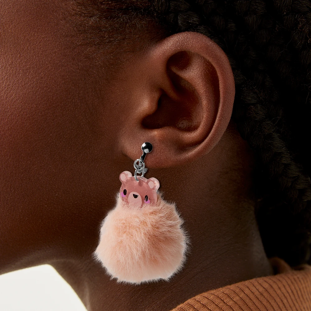 Brown Bear Pom Pom 1.5" Clip-On Drop Earrings