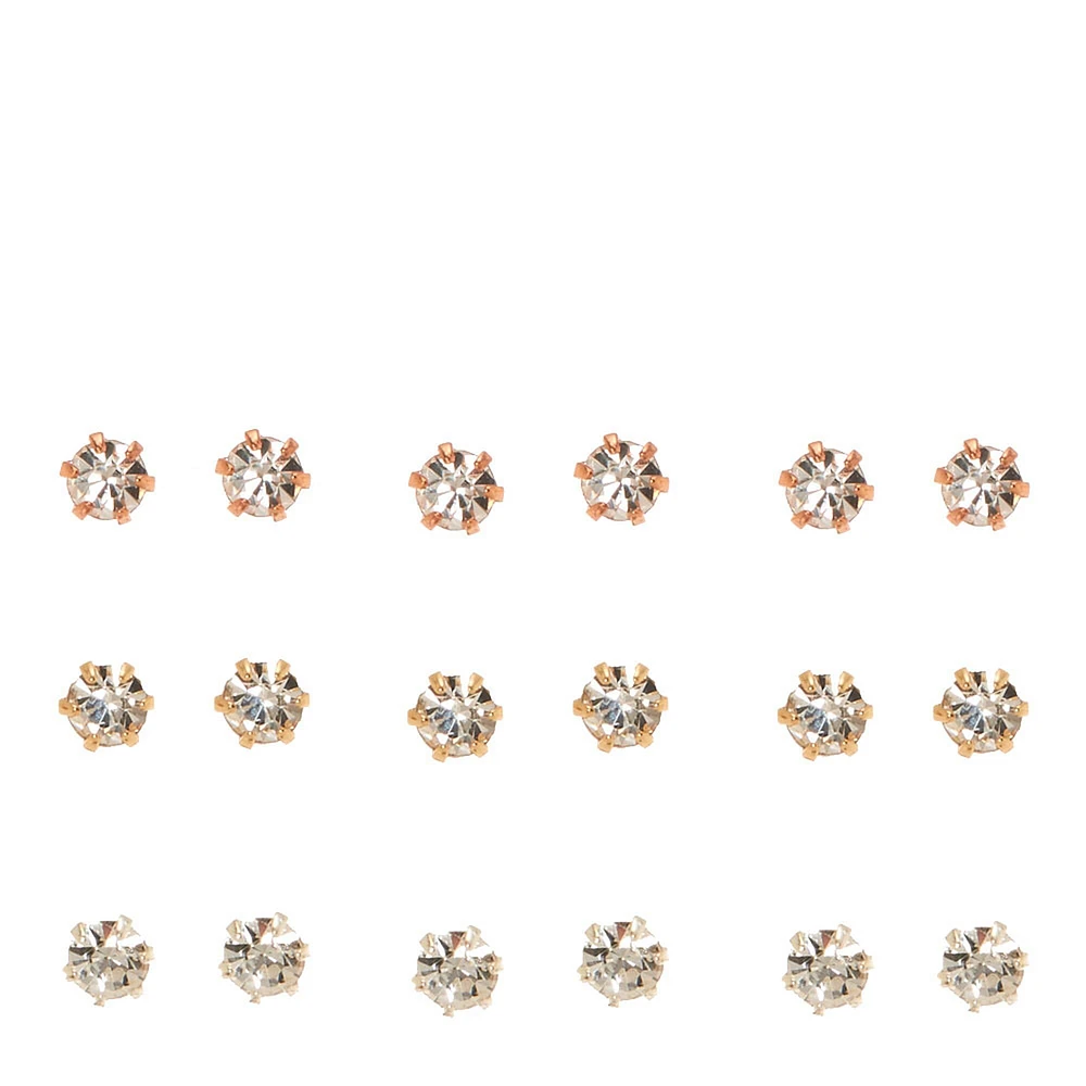 Mixed Metal 3mm Crystal Stud Earrings - 9 Pack