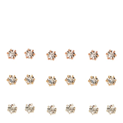 Mixed Metal 3mm Crystal Stud Earrings - 9 Pack