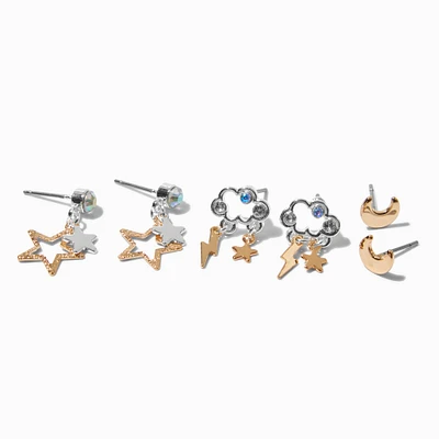 Mixed Metal Celestial Earring Set - 3 Pack