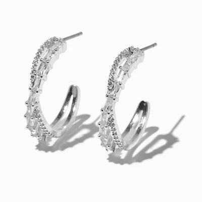 Silver-tone Cubic Zirconia 15mm Criss Cross Hoop Earrings