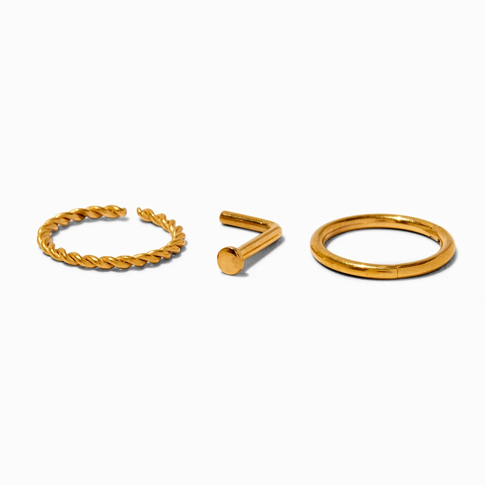 18G 18k Gold Plated Titanium 18G Nose Stud & Mixed Hoops - 3 Pack