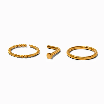 18G 18k Gold Plated Titanium 18G Nose Stud & Mixed Hoops - 3 Pack