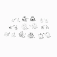 Silver Crown Heart Rose Stud Earrings - 9 Pack