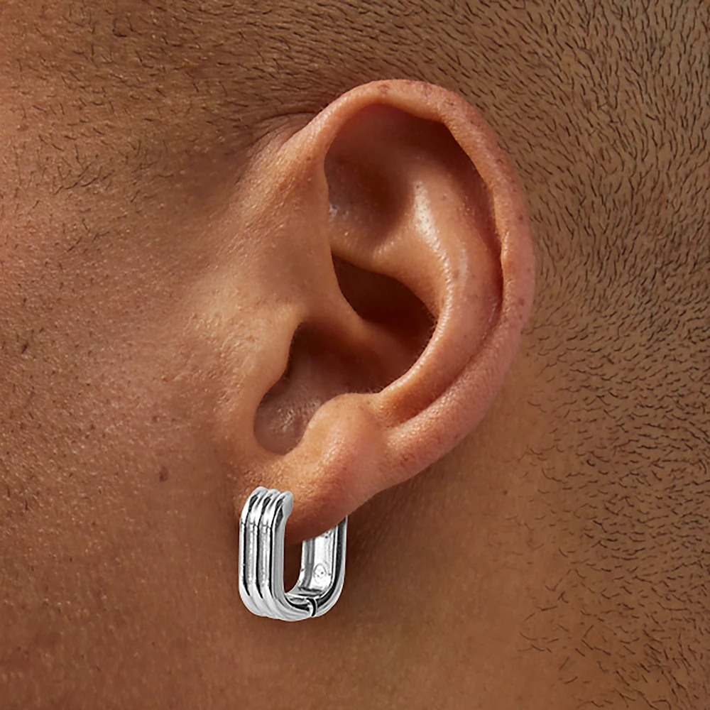 Silver-tone Stainless Steel Textured U-Shape Hoop Earrings