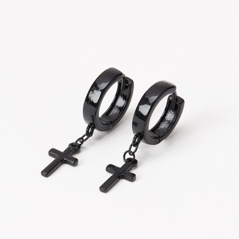 Black Cross 15mm Huggie Hoop Earrings