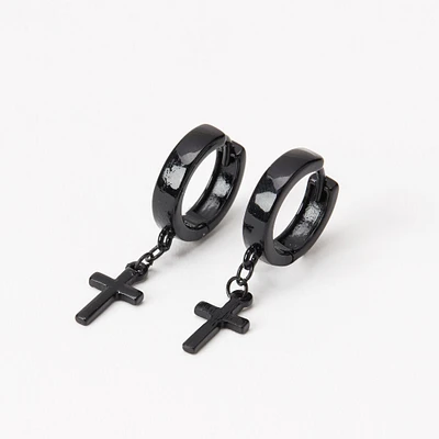 Black Cross 15mm Huggie Hoop Earrings