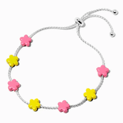 Silver-tone Pink & Yellow Flower Bolo Bracelet