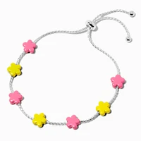 Silver-tone Pink & Yellow Flower Bolo Bracelet