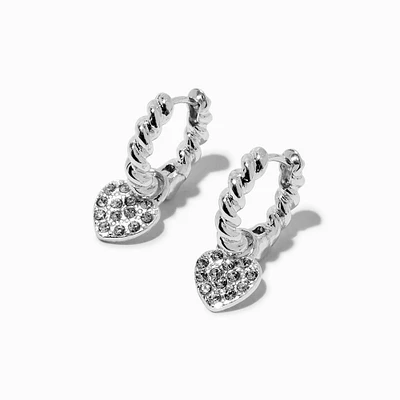 Silver-tone Twisted Crystal Pavé Heart Charm Hoop Earrings