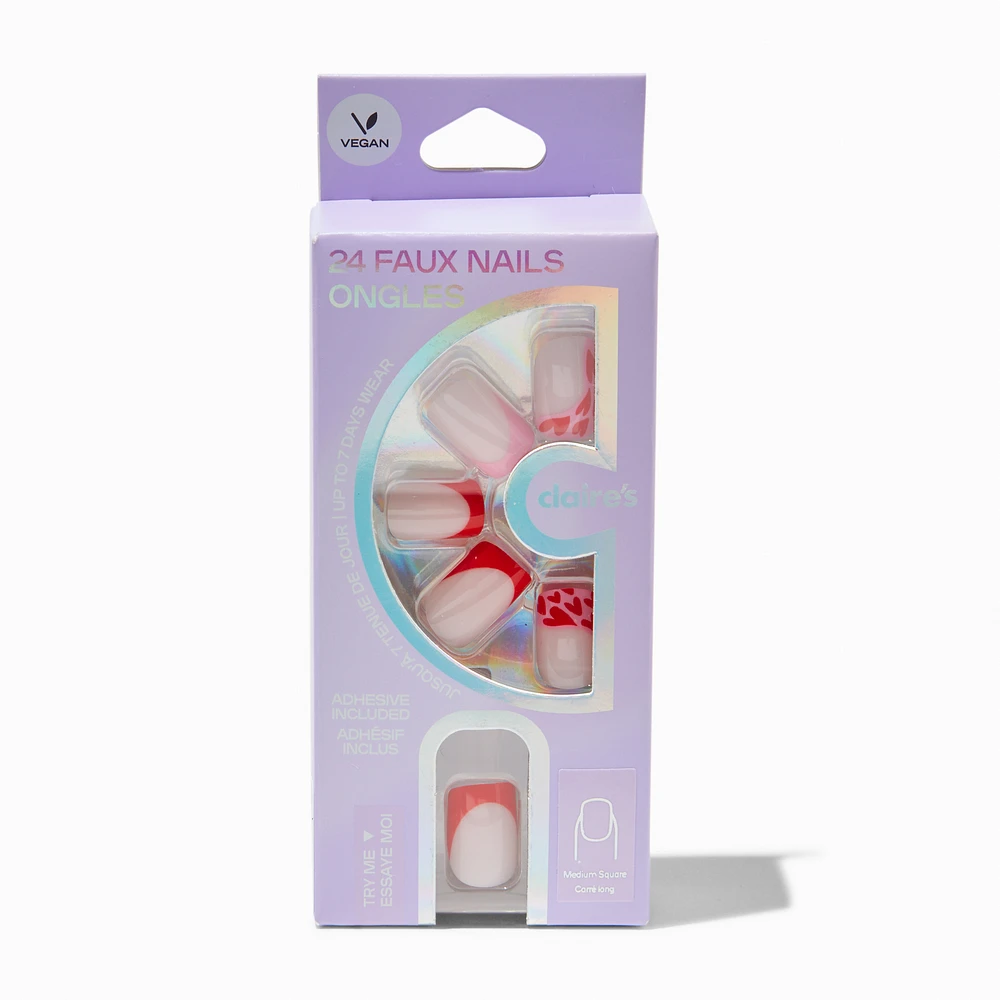Red Heart French Tip Square Vegan Faux Nail Set - 24 Pack