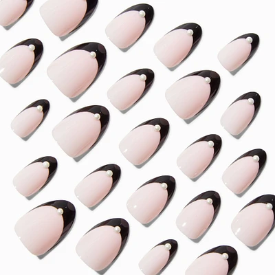 Black French Tip Short Almond Vegan Faux Nail Set - 24 Pack