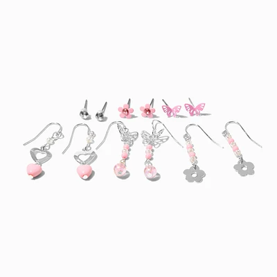 Pink Beaded Flower Earrings Set - 6 Pack 