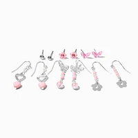Pink Beaded Flower Earrings Set - 6 Pack 