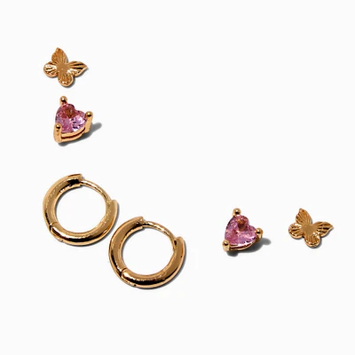 Gold-tone Pink Heart Cubic Zirconia Butterfly Earring Stackables Set - 3 Pack