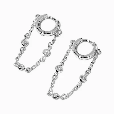 Cubic Zirconia Stacked Silver-tone Dangle Huggie Hoop Earrings