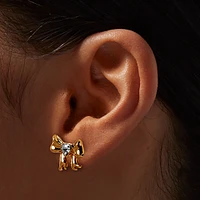 Gold-tone Crystal Heart Bow Stud Earrings