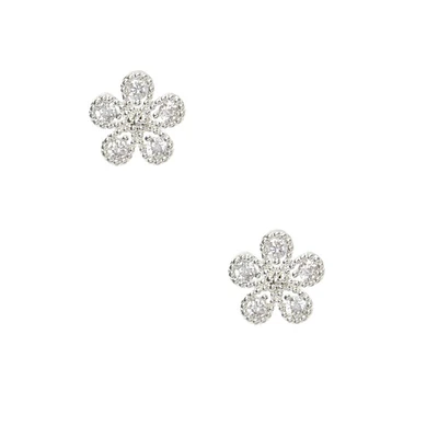 Silver-tone Cubic Zirconia Mini Flower Stud Earrings