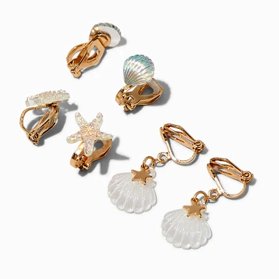 Gold-tone Sea Life Clip-On Stud Earrings - 3 Pack 