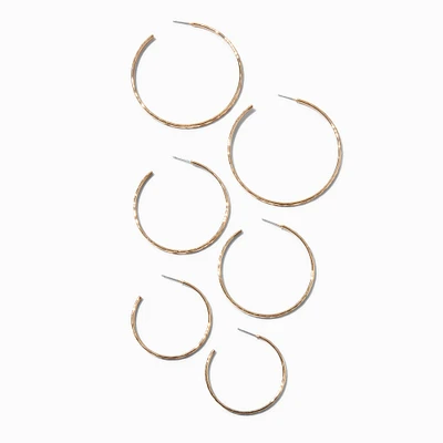 Gold-tone Graduated Hammered Hoop Earrings - 3 Pack