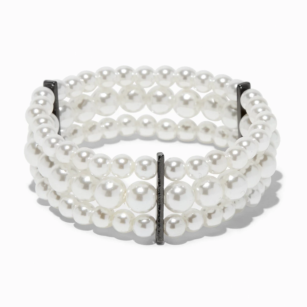 Three-Row Pearl & Hematite Stretch Bracelet