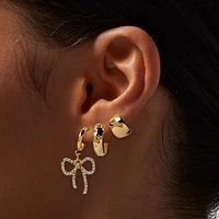 Gold-tone Crystal Bow Thick Hoops Earring Stackables Set - 3 Pack 